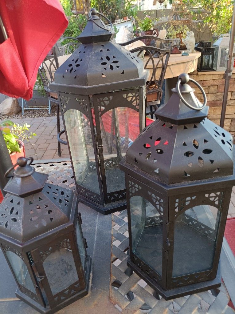 $25 All 3 Matching 3 sizes Garden Lanterns. All in Perfect Condition All Black Metal. 17"13"10"