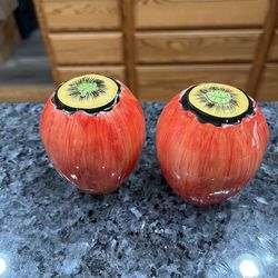 Vintage Ceramic Large Rare Elegant Vibrant Tulip Bulb Pair of Salt and Pepper Shakers. Colors Orange, Yellow & Black. Size approximately 3 1/2 inche