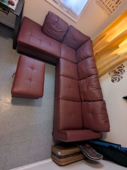 Semi-Firm Burgundy Leather 3 Piece L-Shaped Couch With Foot Rest Storage