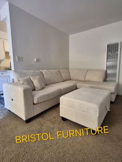 🎲 Sectional Sofa with Ottoman, Beige Color, Upholstery Corduroy, New in the Box.