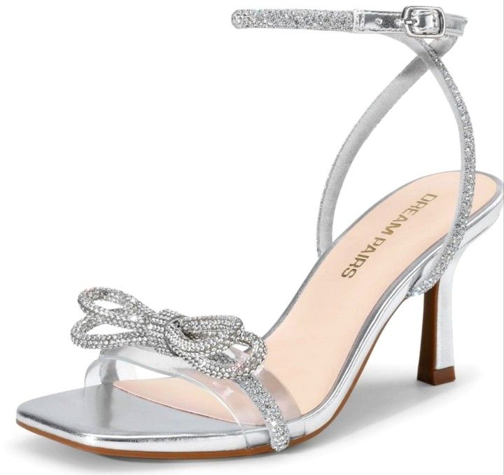 DREAM PAIRS Double Bowknots Heels Open Square Toe Silver Rhinestone Shoes