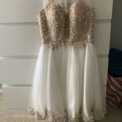 white and gold short dress