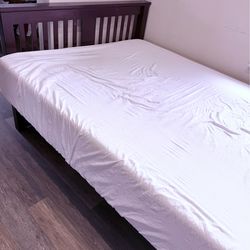 50% DISCOUNT MOVE OUT SALE.. full-size brown wooden bed with 8’inch matreess included