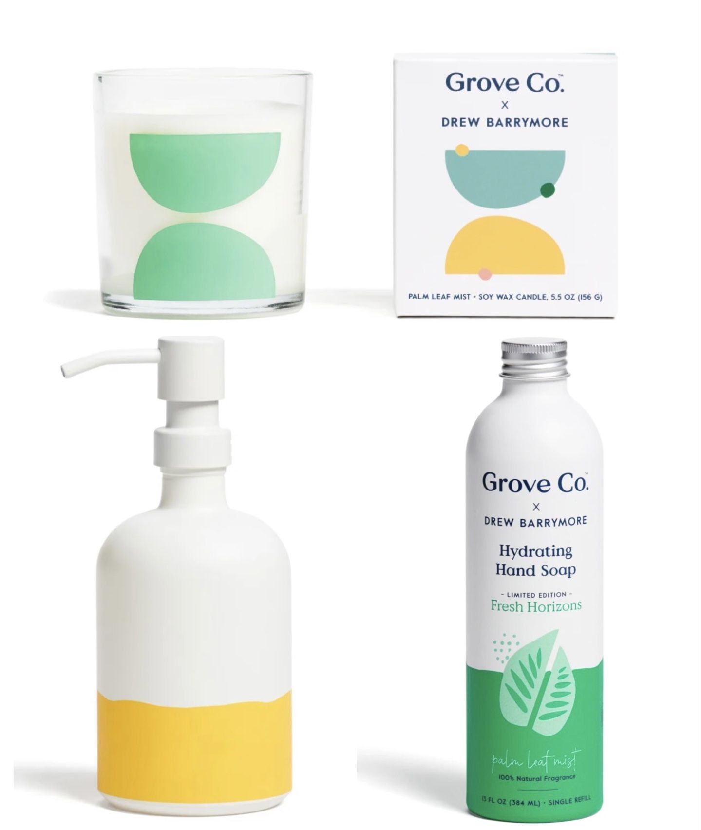 Grove Collaborative x Drew Barrymore-Palm Leaf Candle, Hand Soap, & Glass Hand Soap Dispenser Bundle