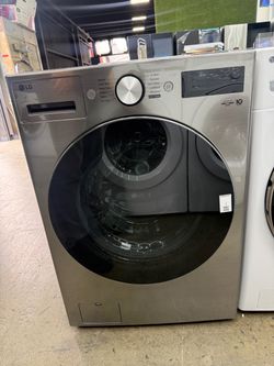 New open box LG 5.0 cu. ft. Stackable SMART Front Load Washer in Graphite Steel with TurboWash 360, AI Sensing, Steam and LCD Display