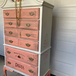 Pretty Tall Boy Dresser In Coral Distressed French Provincial 