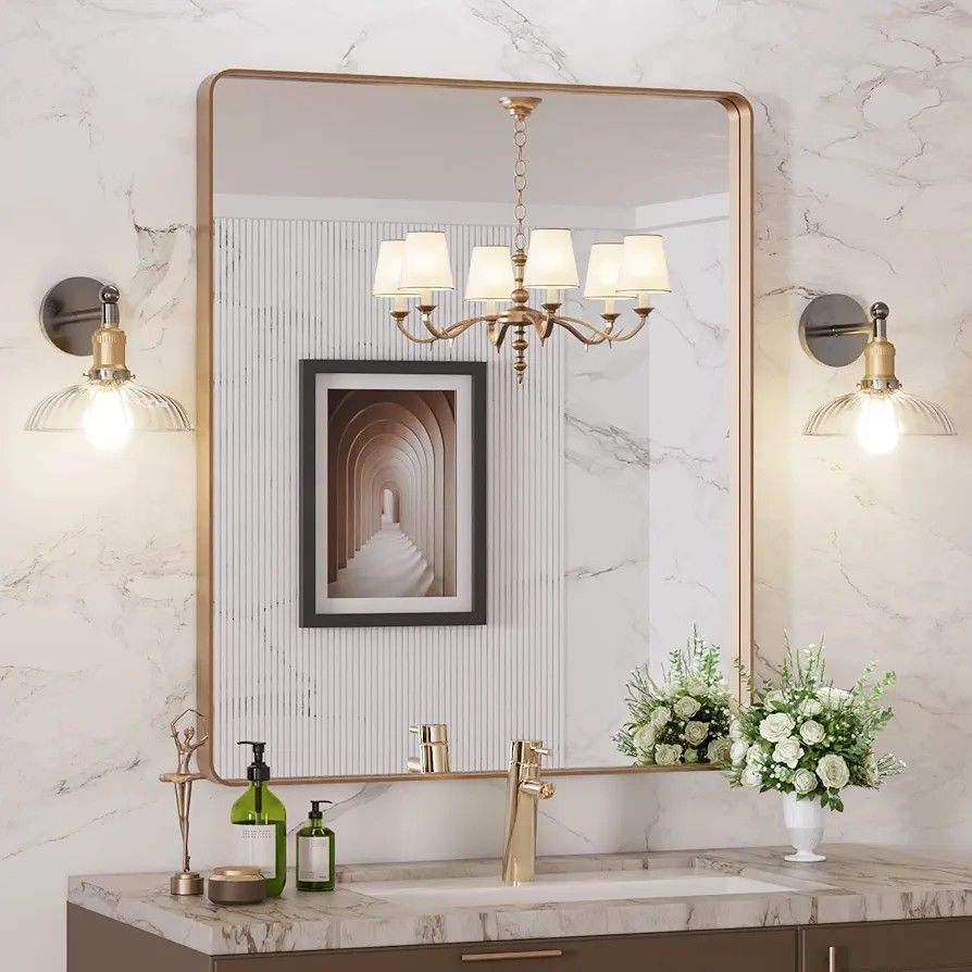 LOAAO 30”X36” Gold Bathroom Mirror, Rounded Rectangle Gold Frame Mirror, Brushed Gold Bathroom Vanity Mirror Wall-Mounted, Anti-Rust, Tempered Glass,