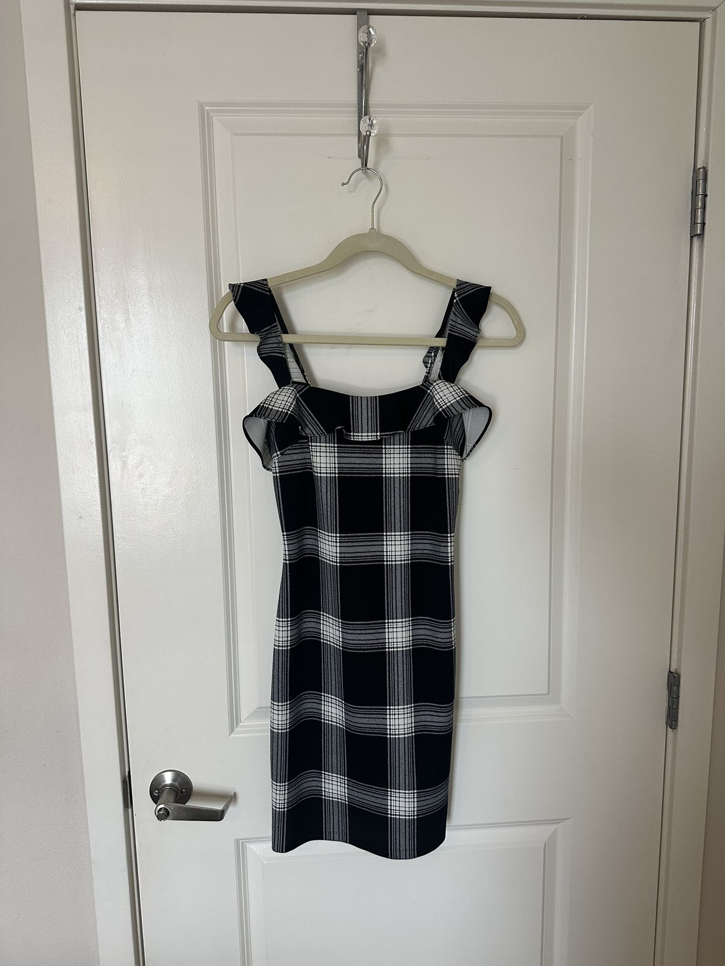 Black And White Plaid Dress With Ruffle Strap 