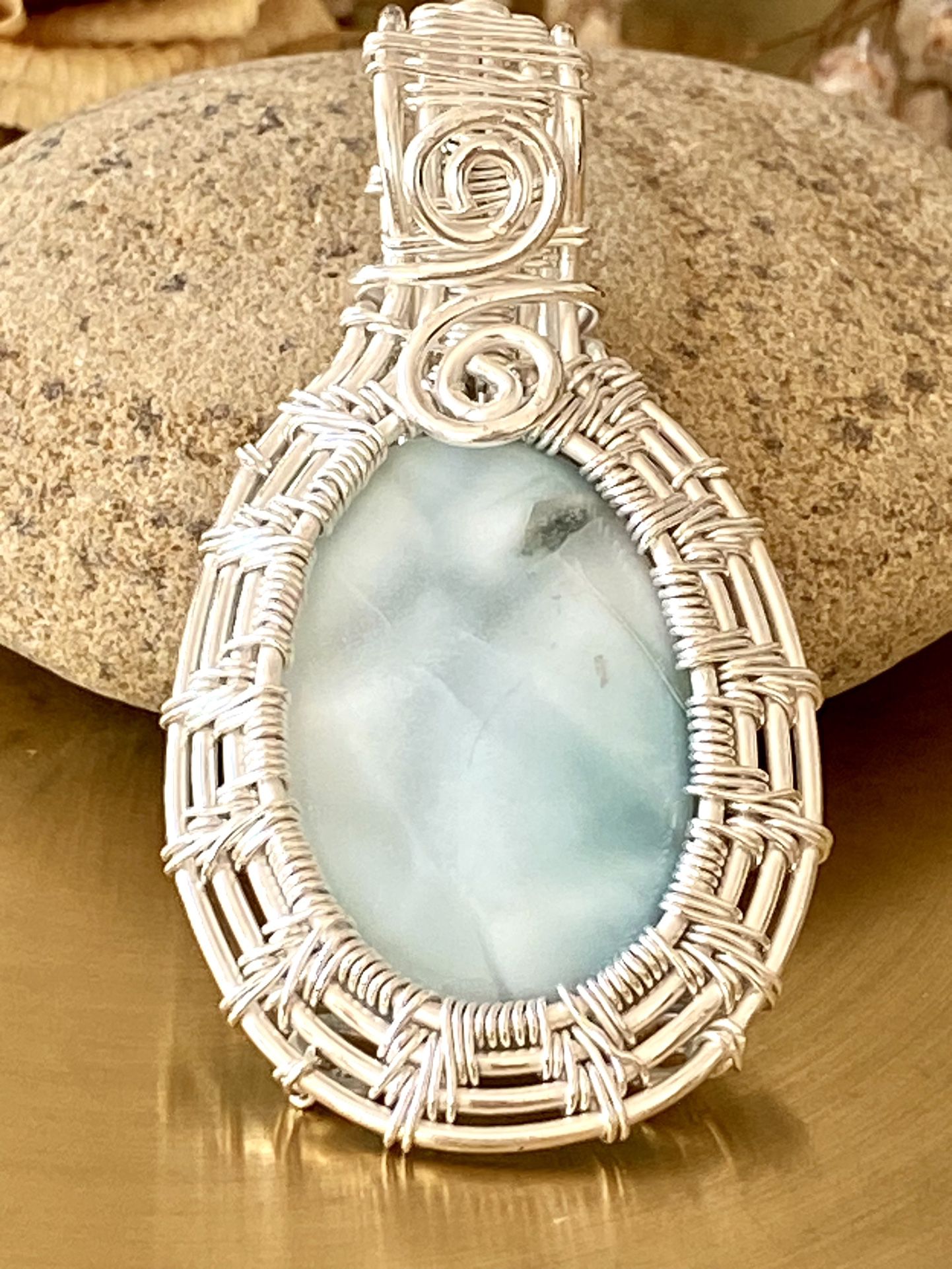 Genuine Larimar 925 Sterling Silver Overlay Wire Wrapped Pendant