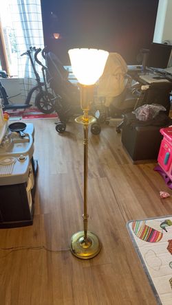 Vintage Mid-Century Brass Torchiere Floor Lamp with Milk Glass Shade