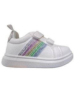 Toddler Girl Shoes with Hook and Loop Easy On Sneakers Glitter Rainbow Casual Shoes White