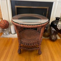 Woven Rattan/Wicker Side Table with Thick Glass Top - Rich Walnut Tone