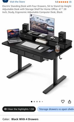 Electric Standing Desk with Four Drawers, Sit to Stand Up Height Adjustable Desk with Storage Shelf for Home Office, 47 * 28 Inch, Study, Ergonomic Ad
