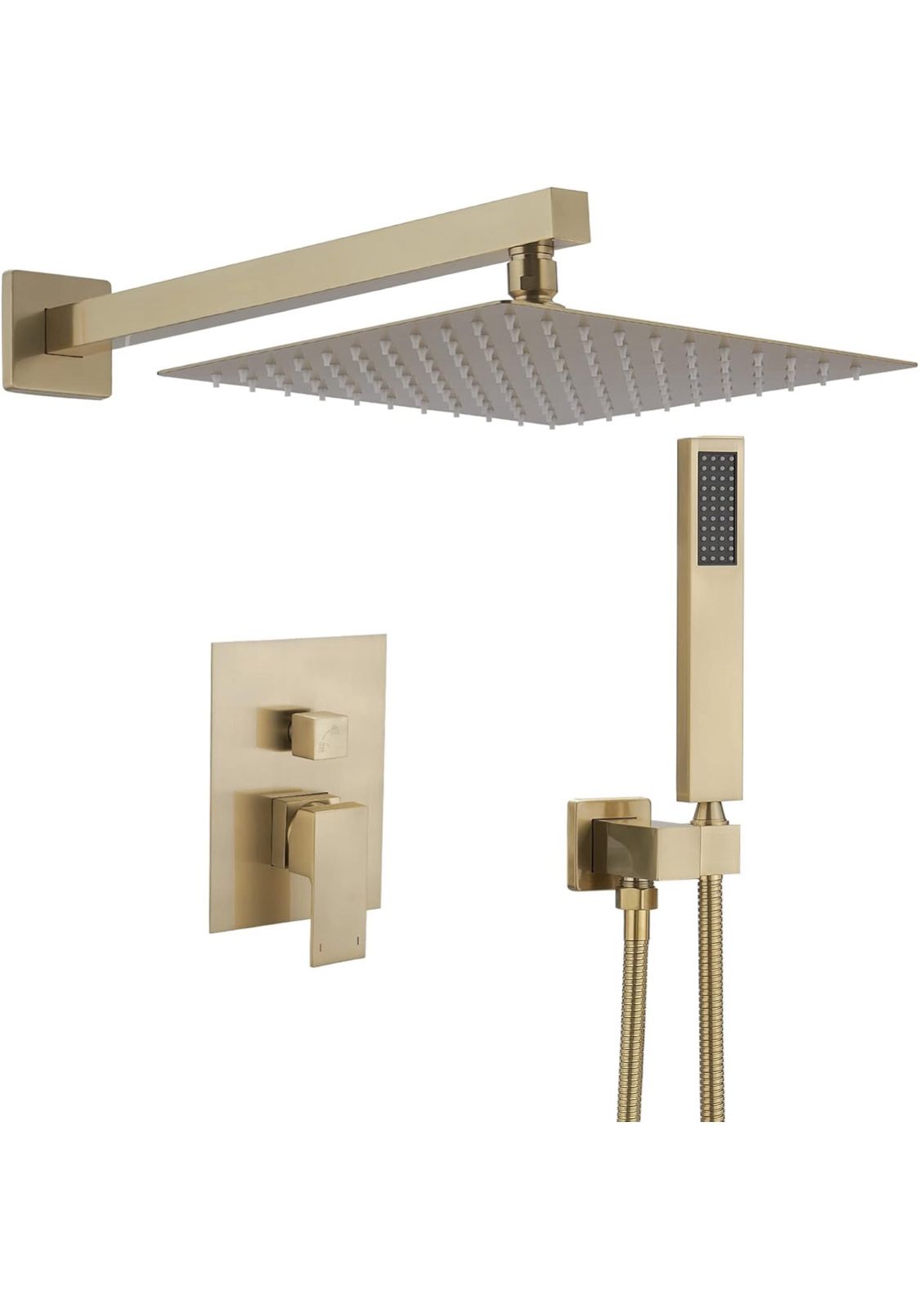 BWE Shower Faucet Brushed Gold 12 Inch Square Bathroom Luxury Rain Mixer Shower Combo Set 2-Functions Wall Mounted Rainfall Shower Head System Rough-i