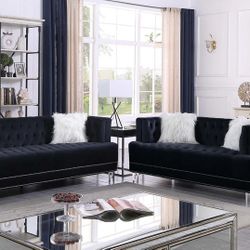 Black Sofa & Love Seat - Contemporary Style - Button Tufted Velvet - Ghost Legs