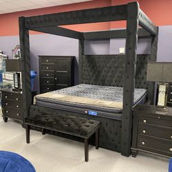 Slivano 🔊Bluetooth 🔊Speaker Velevt Tufted Upholstered Canopy Bed Frame,   Measures: 92”L  (x) 87”Wide (x) 87”High  