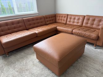 Cognac Leather Sectional Sofa with Ottoman