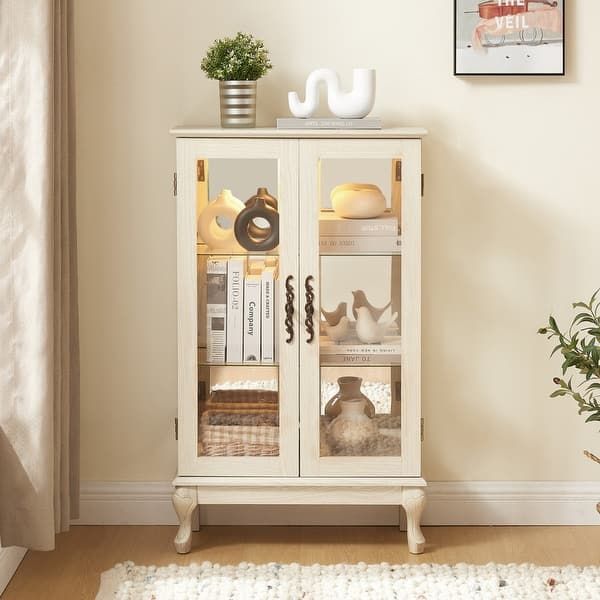 NEW White 2 Doors Curio Cabinet with Tempered Glass Doors,Curio Cabinets with Mirrored Back Panel and Adjustable Shelves