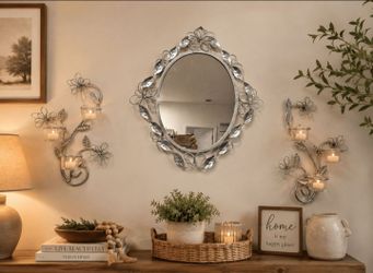 Silver Floral Metal Oval Wall Mirror