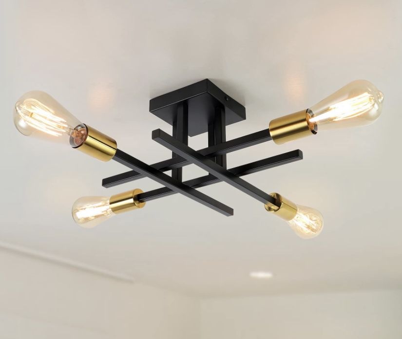 Semi Flush Mount Ceiling 4 Light,Black and Gold Industrial Farmhouse Lighting 