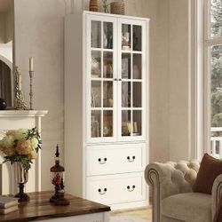 White Wooden 31.5 in. W Buffet Pantry Cabinet Kitchen Cabinet with Adjustable Shelves and Tempered Glass Doors, Drawers