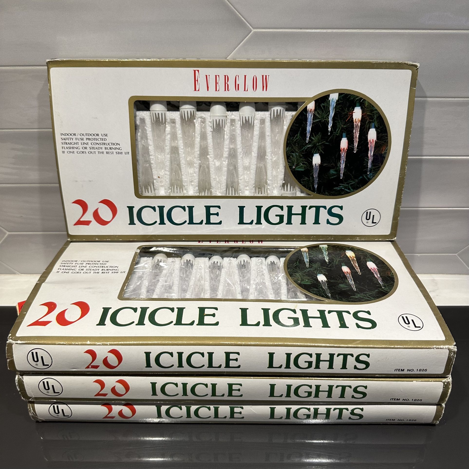Vintage Everglow 20 icicle light strand Christmas lights . Unused in boxes. 4 boxes available $15 each or $50 for all 4 boxes  