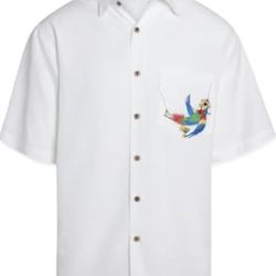 Bamboo Cay Men's White Embroidered Parrot Modal Polyester Button-Up Shirt Size L