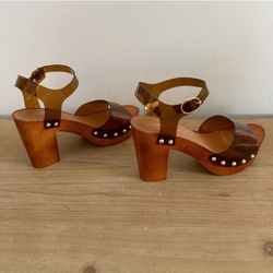 New Madden Girl G-Neato Brown clear Platform Sandals - Size 5.5 fits like a 6
