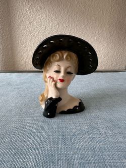 Vintage Napco Lady Head Vase S670B Black Wide Brim Hat White Bow 4"