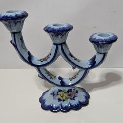 Vintage Portuguese Alcobaça Hand Painted Ceramic 3-Arm Candelabra 8.5" Floral