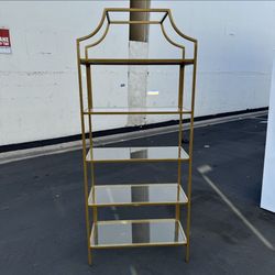 Tall Glass Shelf Etagere Bookcase Shelf Unit Gold Metal Excellent Condition Like New