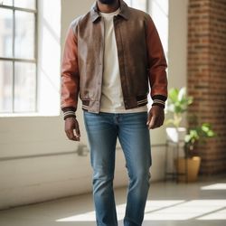 GUESS USA Varsity Leather Bomber Jacket