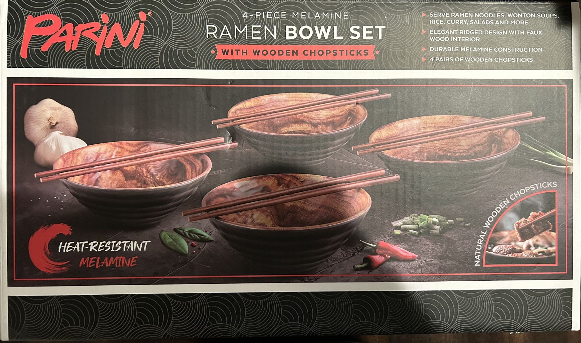 NEW 4-Piece Ramen Bowl Set with Chopsticks - $15