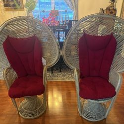 Two beautiful vintage peacock chairs for sale. Each chair measures approximately 54 inches high with a 35 inch wide back.  Priced at $300 each or $550