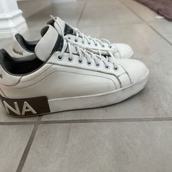 DOLCE & GABBANA Shoes White Silver Portofino Leather Sneakers