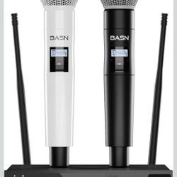 BASN UHF Dual Channel Wireless Microphone System, Handheld Mics for Stage, Karaoke, Weddings, DJ, and Events (Black & White