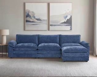 118" Blue Chenille Modular Sectional Sofa + Ottoman | Brand New Sealed