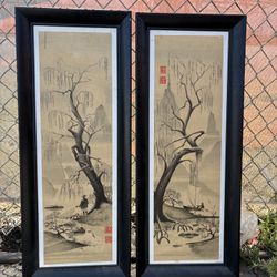 Vintage Asian Ink Landscape Art – Framed Set of 2