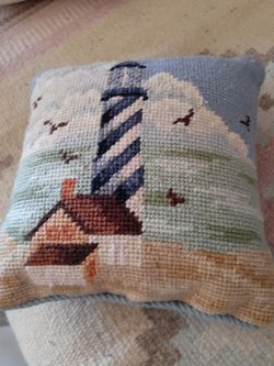 Two stunning vintage wool petite stitch 6x6 needlepoint Beach pillows and more home decor