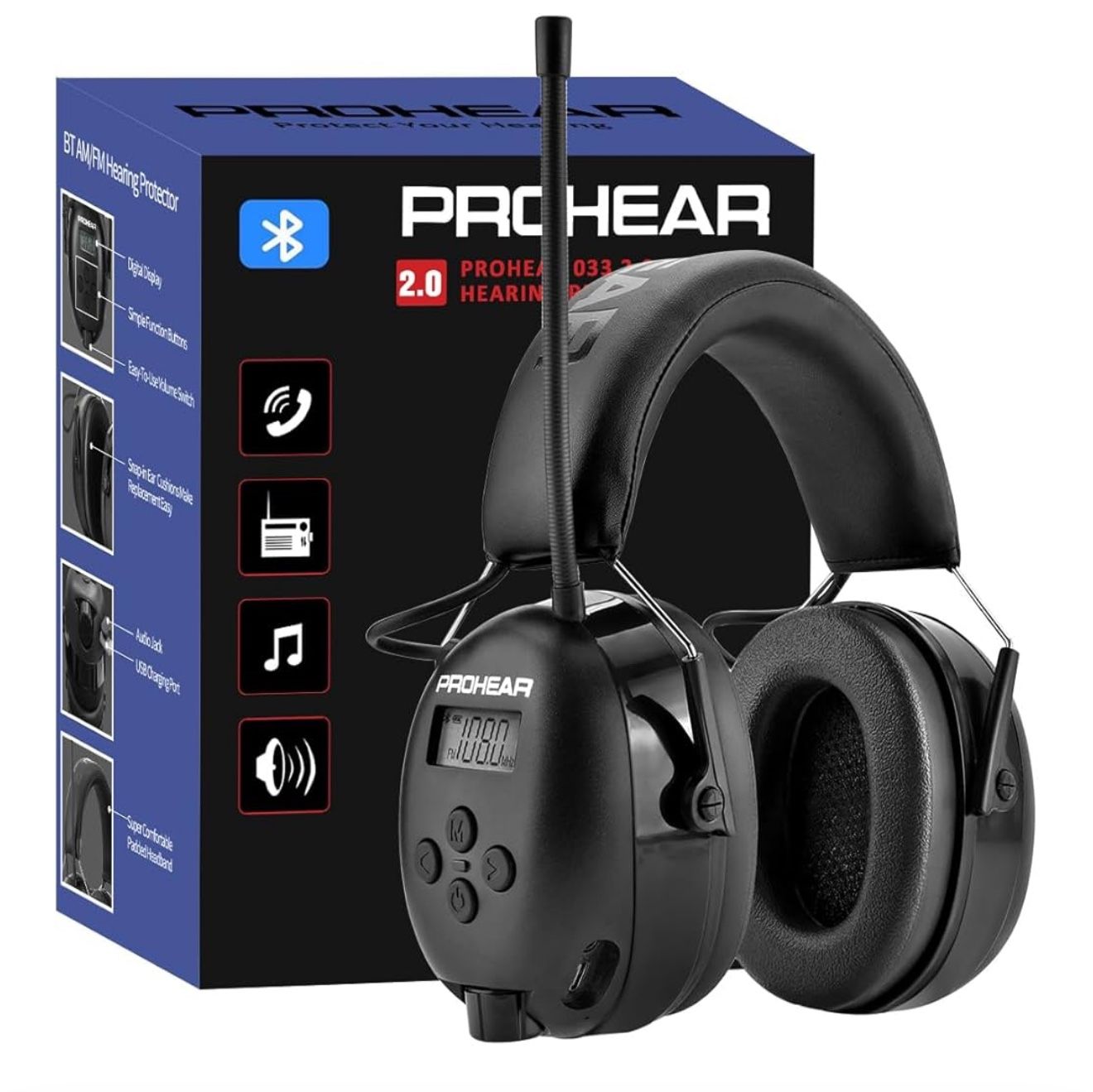 PROHEAR 033 Upgraded Bluetooth Hearing Protection AM FM Radio Headphones, 31SNR Noise Reduction Ear Muffs with Long-Lasting Stable Rechargeable Batter