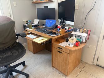 Light oak home desk and stand up addition