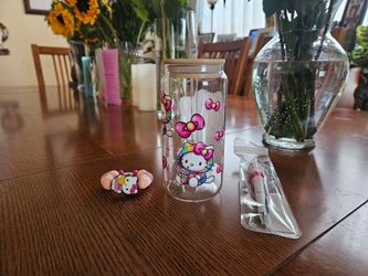 Hello Kitty Drinking Glass, Charm Bracelet and Pen Set