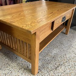 44”W Lrg Oak Wood Mission Coffee Table w/ Shelf 26” AA Laun 🚚 extra