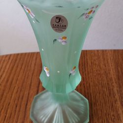 Fenton Green Satin Glass Hand Painted Flowers 6-in Vase Signed S Wajda Mother's Day 