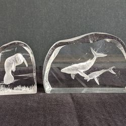 Vtg Reverse Carved Lucite Whales / Manatee Art Sculptures