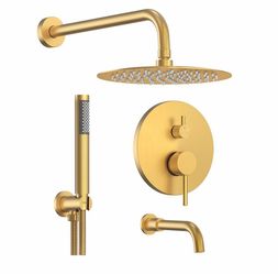 10 Inch Round Shower Faucet Set with Tub Spout, High Pressure Rainfall Shower Head and Handheld Sprayer Combo, Brushed Gold