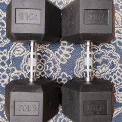 PAIR  OF  70 LB. NEW  RUBBER  HEX  DUMBBELLS   •  also have Rubber : 95s 90s 80s 60s  50s 45s 40s 35s 30s 25s 20s 15s 10s 5s