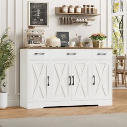 Assembled Buffet Cabinet with 3 Drawers and 4 Doors, 55.1” W Kitchen Sideboard Storage Cabinet with Adjustable Shelves, Farmhouse Coffee Bar Cabinet f
