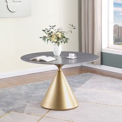 Modern Round Dining Table with Gold Metal Bottom for Dining Room, Kitchen, Restaurant Grey