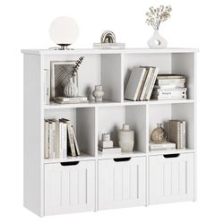 5 Cube Bookcase with 3 Drawer, Open Display Bookshelf with Wheels，White